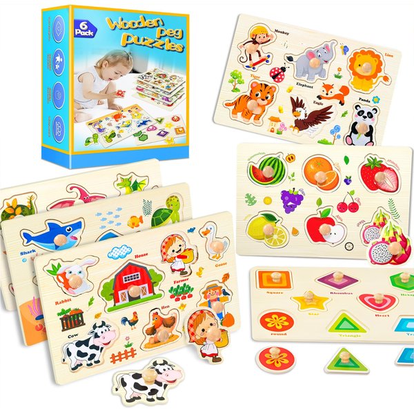 Wooden Peg Puzzles for Toddlers,Montessori Toddler Puzzles for ages 1-3,Fine Motor Skill LearningPuzzles toys for 1+ year old Baby Boys Girls Gifts-6 Pcs Shape,Farm,Sea Animal,Dinosaurs,Fruits,Animals