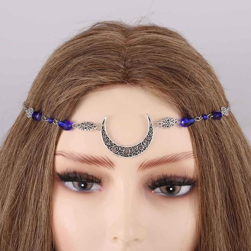 Obmyec Boho Moon Head Chain Silver Rhinestone Headpiece Crescent Forehead Chain Vintage Hair Chains Wedding Crystal Hair Accessories for Women and Girls