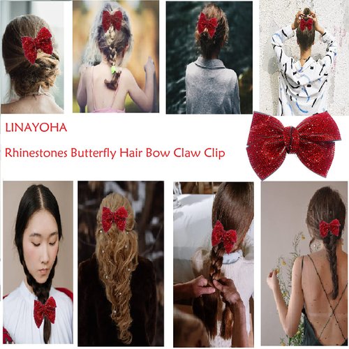 LINAYOHA 1 Pcs Red Elegant Jewelry Crystal Shiny Rhinestones Butterfly Hair Bow Claw Clip Accessories For Women Girls Flower Princess Headwear HairPins Headpiece Hair headdress Barrettes Gift