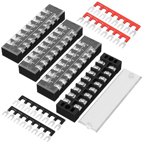 Joinfworld 8 Position Terminal Block 25A 600V Dual Row Screw Terminal Strip Dual Row with Cover and 8 Position Pre-Insulated Terminal Jumper Block - 4Sets