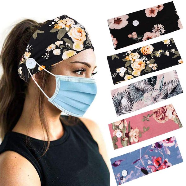 ELABEST Boho Headband with Button for Mask Yoga Wide Headbands Sport Hair Band Ear Protection Bandeau Flower Head Wrap Elastic 5pcs Head Band for Women and Girls