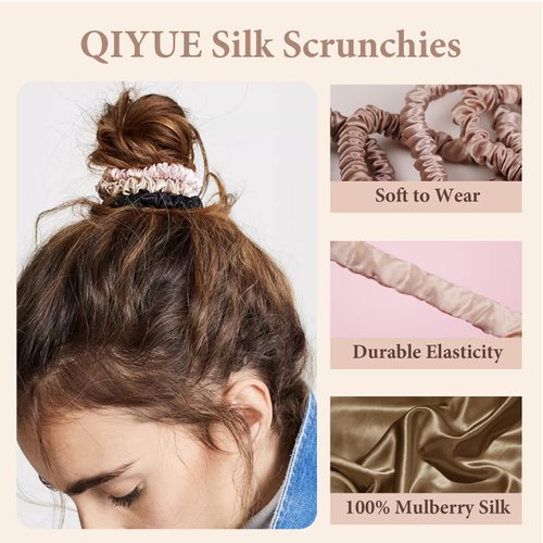 QIYUE 100% Mulberry Silk Scrunchies for Hair,Hair Ties Ropes Ponytail Holder for Women Girls Hair Accessories Decorations，22 Momme Hair Elastics Bands (Avocado,Gold,Caramel)