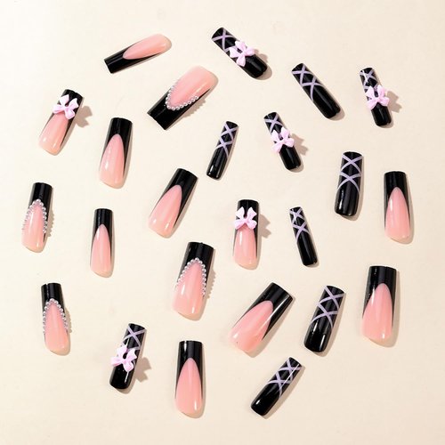 FIEONCIY Press on Nails Coffin Long Black Glossy Full Cover Acrylic Square French False Nails with Pink Bow Designs Artificial Ballerina Fake Nails with Charm Glue Stick on Fingernails for Women