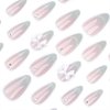 Medium Almond Press on Nails Cat Eyes French Tip Fake Nails Pink Gradient Acrylic Nails with Dot Diamond and 3D Bow Designs Artificial False Nails Glossy Full Cover Glue on Nails for Women 24Pcs
