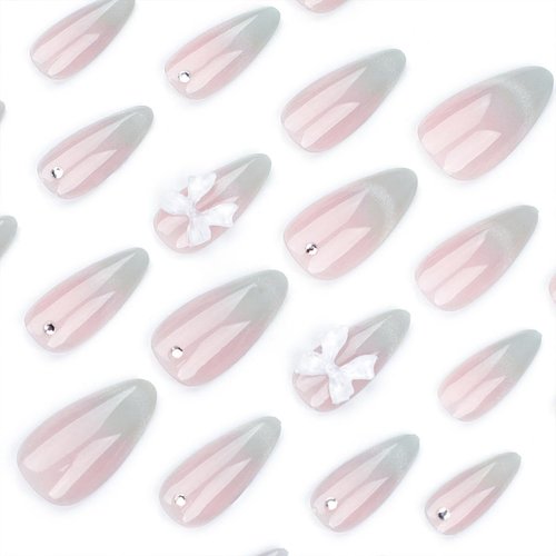 Medium Almond Press on Nails Cat Eyes French Tip Fake Nails Pink Gradient Acrylic Nails with Dot Diamond and 3D Bow Designs Artificial False Nails Glossy Full Cover Glue on Nails for Women 24Pcs