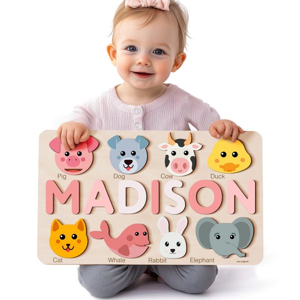 Zuzu Puzzle Personalize Name Puzzle for Toddlers with Animals, Baby Gift for Girls and Boys 0 1 2 3 Year Old, Personalized Puzzle for Kids, 1 Year Old Girl and Boy Kid Gifts, Customized Baby Gift, Montessori Educational Name Toy, Wood Puzzle 1-3