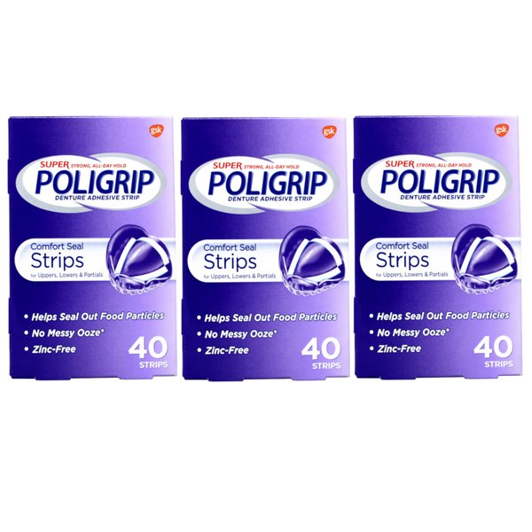 Super Poligrip Denture Adhesive Comfort Seal Strips-40 ct (Pack of 3)