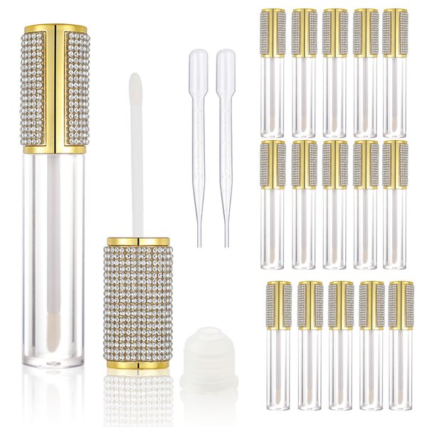 COSIDEA 15pcs Round Empty 5ml 0.17oz Gold lip gloss tubes with wand diamond Lipgloss tube containers for lip oil packing