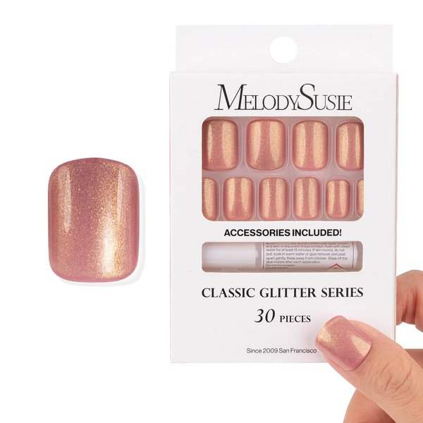 MelodySusie Press on Nails Short Square Acrylic Fake Nails Kits Press on False Supremely Fit & Natural Nails Stick On Nails in 30pcs 12Sizes Disposable Manicure for Women and Girls, Rose Pink