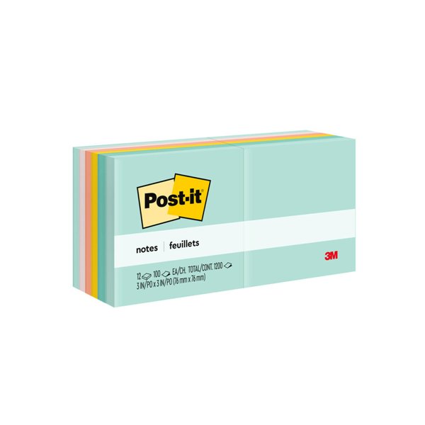 Post-it Notes, 3x3 in, 12 Pads, America's #1 Favorite Sticky Notes, Beachside Café Collection, Pastel Colors (654-5UC)