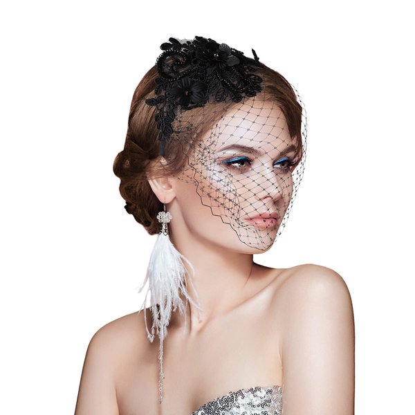 Aster 1920s Fascinator Mesh Veil Black Headband Bridal Wedding Tea Party Fascinator Veil for Woman Girl