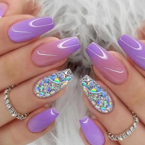 Press on Nails Medium Coffin SWEKKE Fake Nails Purple French Gradient Full Cover False Nails with Glitter Designs Acrylic Nails Glossy Glue on Nails Reusable Artificial Nails for Women Manicure
