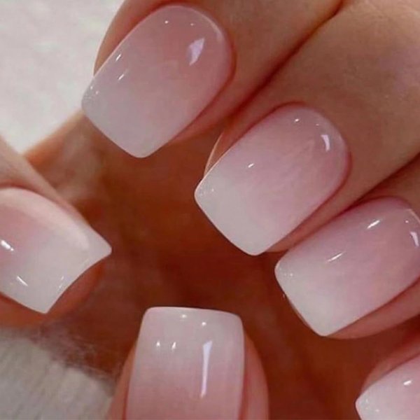Press on Nails Short Fake Nails Square False Nails with White Ombre Press ons Designs Acrylic Nails Press on Artificial Nails Stick on Nails For Women Girls 24Pcs