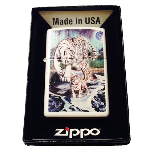 Zippo Custom Lighter - Celestial White Bengal Tigers & Cubs w/Moon & Stars
