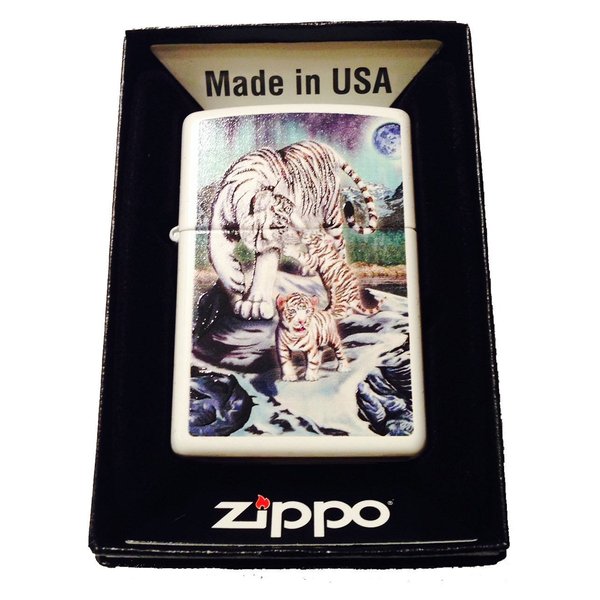 Zippo Custom Lighter - Celestial White Bengal Tigers & Cubs w/Moon & Stars