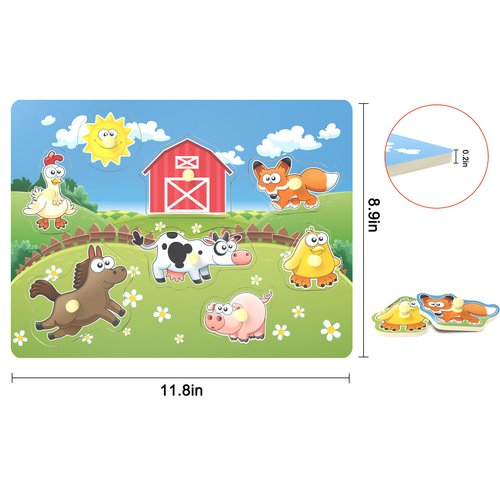 Wooden Peg Puzzle, Farm Chunky Baby Puzzles, Full-Color Pictures Wood Shape Puzzle Peg Board, Animal Knob Puzzle for Educational Toddlers 18Months and up, 8 Pieces