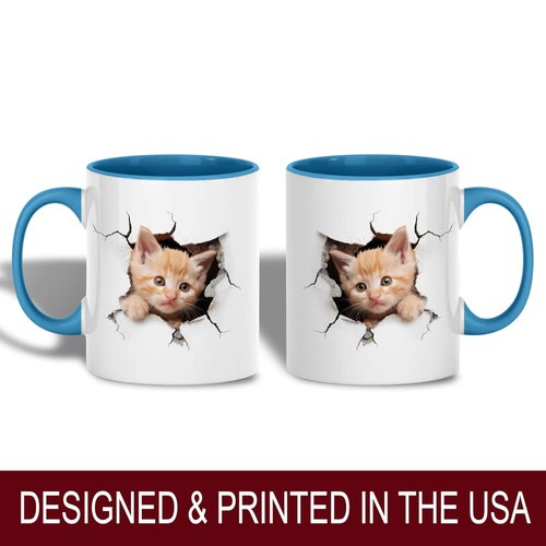 Funny Orange Kitten Cracking Wall Ceramic Mug, 11oz Coffee Cup for Cat Lovers, Animal-Themed Tea Mug, Unique Gift for Birthday, Office, or Home, Reusable Eco-Friendly Mug for Hot Beverages, Milk, Tea