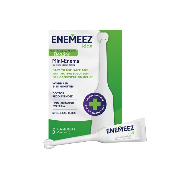 DocuSol Enemeez Kids Enema, Mini-Enemas for Ages 2-12, Docusate Sodium Stool Softener, Fast-Acting Constipation Relief, Promotes Bowel Movement in 2-15 Minutes, 5 Single-Use 5ml Disposable Tubes