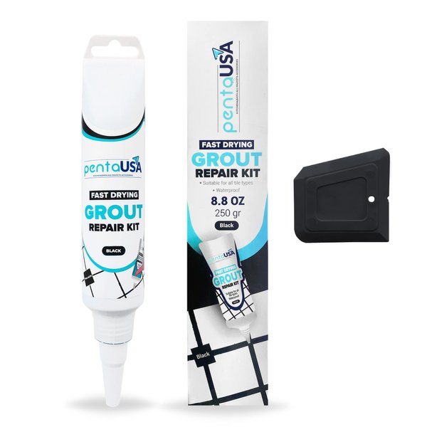 PentaUSA Tile Grout Repairs Renews - 8.8 oz Black Grout Filler Tube, Fast Drying Grout Repair Kit - Restore and Renew Grouts, Scraper Included (8.8 Oz - 250gr - Black Color)
