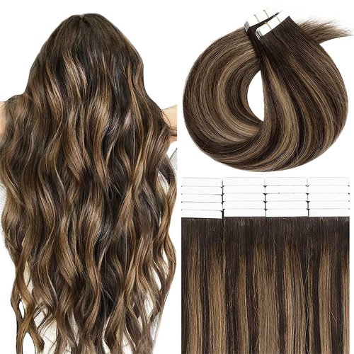 Lacer Tape in Hair Extensions Human Hair Chestnut Brown Mixed Dark Brown Hair with Dark Brown Roots Invisible Silky Straight Double Sided Tape in for Short Hair 50g 20pcs 16 Inch