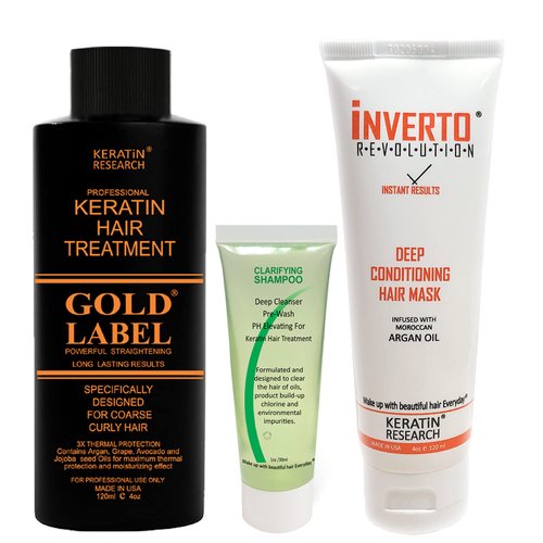 GOLD LABEL Brazilian Keratin Blowout Hair Treatment Super Enhanced Winning Formula All Hair Types & Colors Incl Blondes, Bleached, Coarse, Curly, Black African, Dominican Brazilian (120 ML KIT)