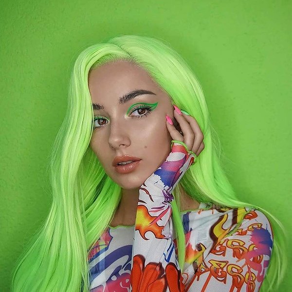 Kalisa Fluorescent Green Lace Front Wig Synthetic Green Wig Long Body Wavy Neon Green Pre Plucked Wig Heat Resistant Fiber soft Cosplay Wigs 24inch