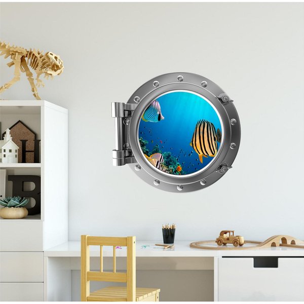24" Port Scape Tropical Fish #3 Silver Porthole Wall Sticker Decal Kids Boys Bedroom Nursery Decor Birthday Gift Baby Shower Gift Instant Sea Window View