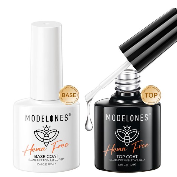 modelones Hema-Free Gel Base and Top Coat Set, 2 Pcs Clear Glossy Gel Top Base Coat No Wipe Long Lasting for Gel Polish, Acrylic Nails Soak Off Nail Lamp Nail Art Home Salon Manicure Gift
