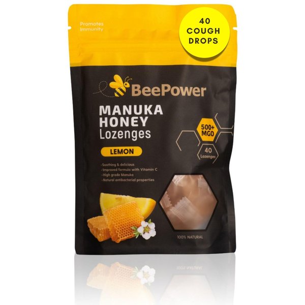 BeePower All Natural Manuka Honey Lozenges | Cough Drops For Soothing Dry, Sore Throat | Contains 40 Lozenges Lemon Flavor | MGO 500+ 6.7 Oz