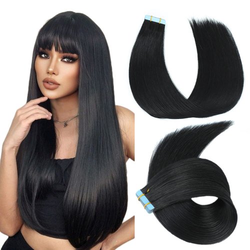 Evala Tape in Hair Extensions Human Hair Black Remy Hair Extensions #1 Jet Black Hair Extensions 20pcs 50g Straight Tape in Human Natural Hair 22 Inch