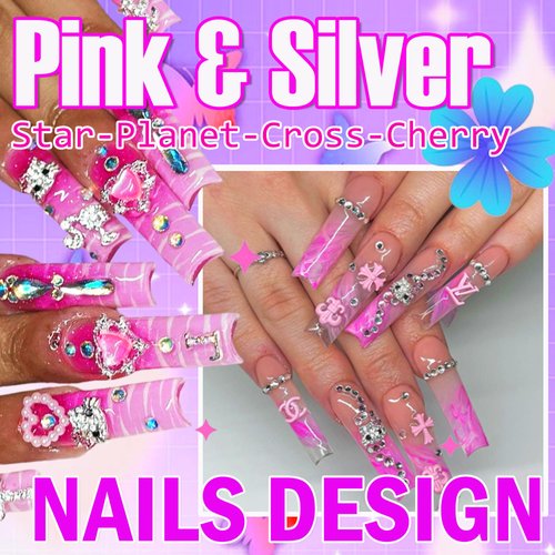 Hotlea 52 PCS 3D Nail Charms Y2K Butterfly Star Cherries Planet Heart Cross Dollars Chrome Nail Charms Silver Nail Rhinestones for Acrylic Nails Kawaii Nail Art Supplies