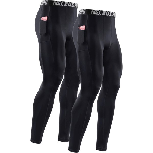 NELEUS Men's 2 Pack Dry Fit Compression Pants Running Tights with Pocket,6069,Black/Black,US L,EU XL