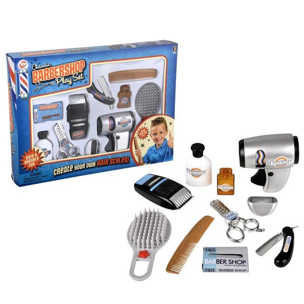 Classic Barbershop Play Set (10 Pieces) Create Your Own Hair Styles! Safe & Durable Fun! Includes Fake Razor, Blow Dryer, Comb, Shears, Scissors, and More!