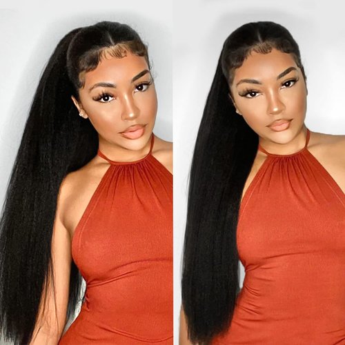 WIGNEE Kinky Straight Ponytail Wrap Around Long Ponytail Extension Natural Black Yaki Ponytail Extension for Black Women Pony Tails Hair Extensions (Natural Black, 22 Inches)