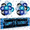 Blue Black 16th Birthday Banner Happy 16th Birthday Decorations for Boys Girls with 20 PCS Sweet 16th Birthday Balloons for 16 Years Old Anniversary Birthday Party Supplies Indoor Outdoor Decor
