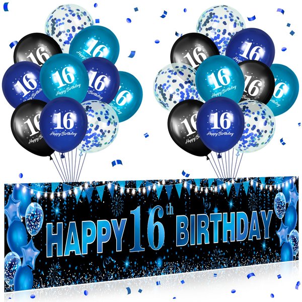 Blue Black 16th Birthday Banner Happy 16th Birthday Decorations for Boys Girls with 20 PCS Sweet 16th Birthday Balloons for 16 Years Old Anniversary Birthday Party Supplies Indoor Outdoor Decor