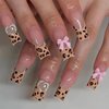 BABALAL Square Press on Nails Long Fake Nails Brown Cheetah French Tip Glue on Nails Pink Bow Heart Charm Design Acrylic Nails 24Pcs Thick False Nails