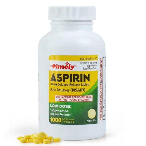 TIME-Cap Labs 1000 Tablets Low Dose Aspirin 81mg Enteric Coated - NSAID Pain Reliever & Fever Reducer for Adults, Helps with Minor Aches, Headaches, Muscle Pain, Toothaches, and Joint Discomfort