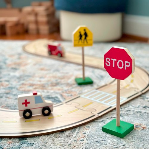 Guidecraft 7" Wooden Block Play Traffic Signs - Kids Educational and Learning Toys, Block Play Pretend Play Accessory Set for Toddlers and Preschool