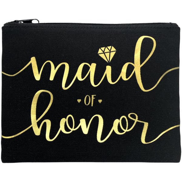 Bride Tribe Makeup Bags - Bridesmaid Favor for Bachelorette Party, Bridal Shower, Wedding. Cosmetic Toiletry Bag, Wedding Survival Kit, Hangover Kit, Keepsake (1pc Maid of Honor, Black & Gold)