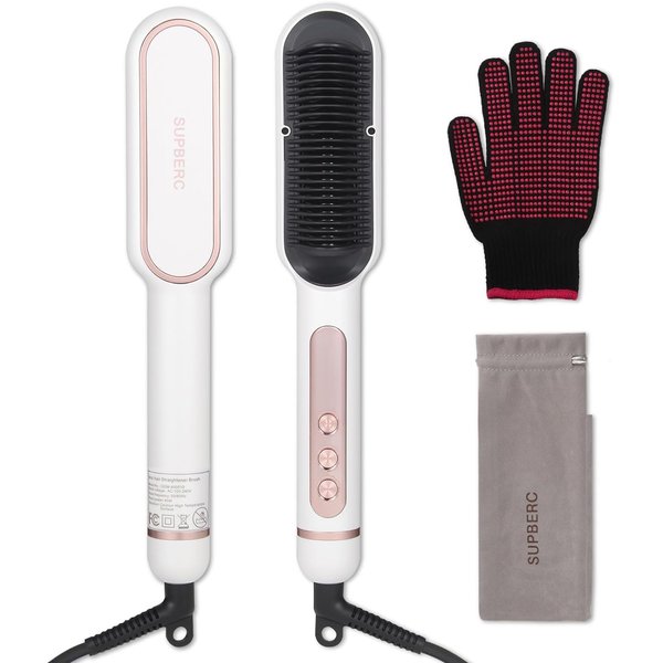 Negative Ionic Hair Straightener Brush with 9 Temp Settings, 30s Fast Heating, Hair Straightening Comb with LED Display, Anti-Scald & Auto-Shut Off Hair Straightening Iron (White)