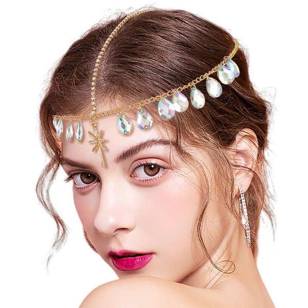 Uranian Gold Headband Chains Boho Head Chain Sparkly Crystal Hair Chains Festival Costume Head Jewelry Hair Accessories for Women