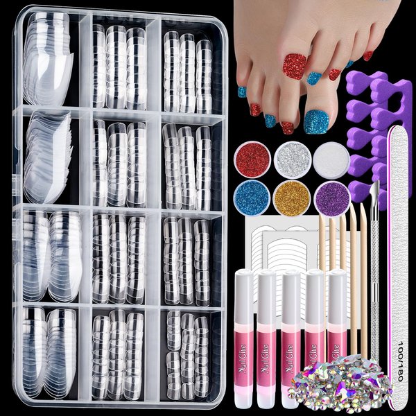 Teenitor 312pcs Clear Toe Nails Press on with Glitter Kit, Acrylic Toe Nail Tips Kit with Nail Glue, Press on Toenails for Women Fake Toe Nails Glue on