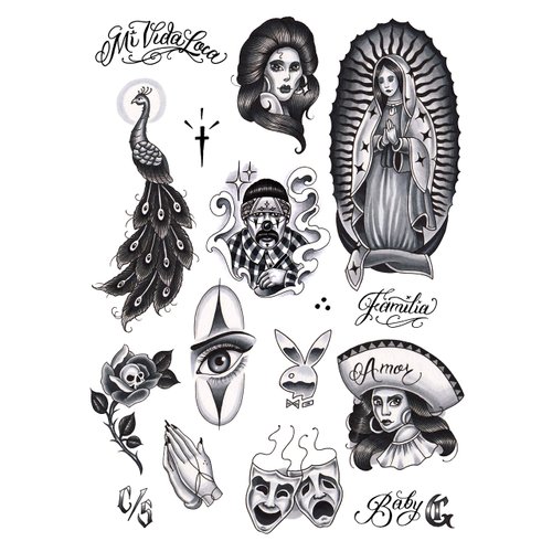 Tatsy Chicano Set, Temporary Tattoo Cover Up Sticker for Men and Women, Body Temp Fake Tattoos, Chicana Gansta Lowrider Style Culture, Unique Realistic Designs