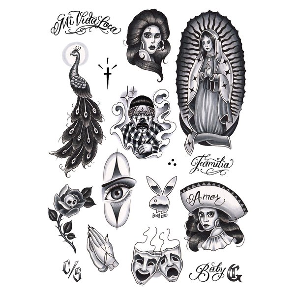 Tatsy Chicano Set, Temporary Tattoo Cover Up Sticker for Men and Women, Body Temp Fake Tattoos, Chicana Gansta Lowrider Style Culture, Unique Realistic Designs