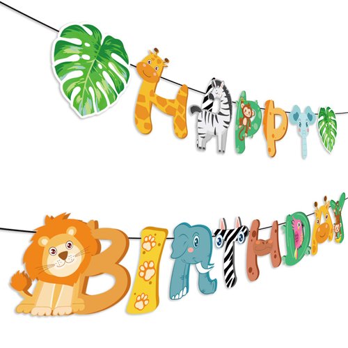 LJCL Safari Animals Happy Birthday Banner, Jungle Party Sign Jungle Animals Theme Bunting Party Decorations Supplies for Safari/Jungle Themed Birthday Party, Two Wild Party Birthday Party Supplies