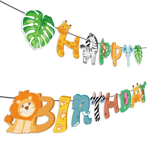 LJCL Safari Animals Happy Birthday Banner, Jungle Party Sign Jungle Animals Theme Bunting Party Decorations Supplies for Safari/Jungle Themed Birthday Party, Two Wild Party Birthday Party Supplies