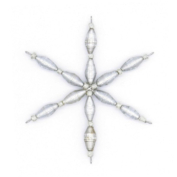 Handmade Silver Star Ornament – Beaded Christmas Decoration Made from Recycled Paper by Outreach Uganda | Unique Eco-Friendly Holiday Ornament for Tree & Home Décor