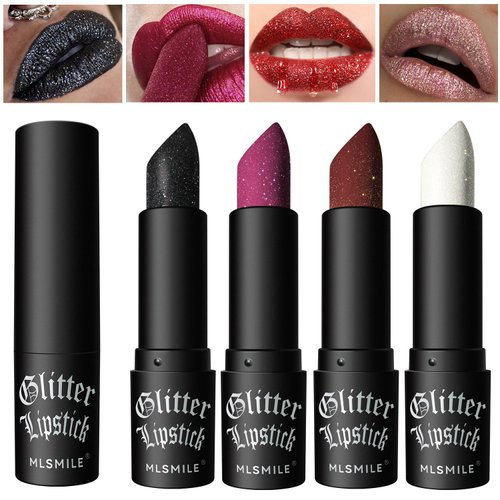 YIBABY 4 Pcs Diamond Matte Lipstick Set, Long Lasting & Non-Stick Cup High Pigmented Glitter Metallic Lips Makeup, Vampire Red Lipstick, Black Lipstick for Women for Party, Cosplay, Halloween Makeup