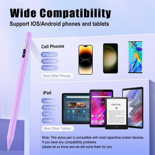 TiMOVO Stylus Pen for Touch Screens, Fast Charge Stylus Pen for Apple iPad/iPhone/Xiaomi/Samsung/Lenovo Android Capacitive Touch Screen Stylus Pen with Power Display, Purple